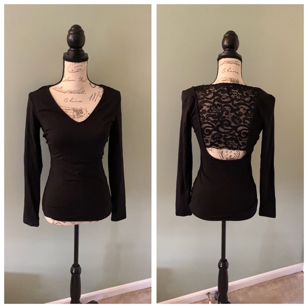 Guess black v neck top with lace back.